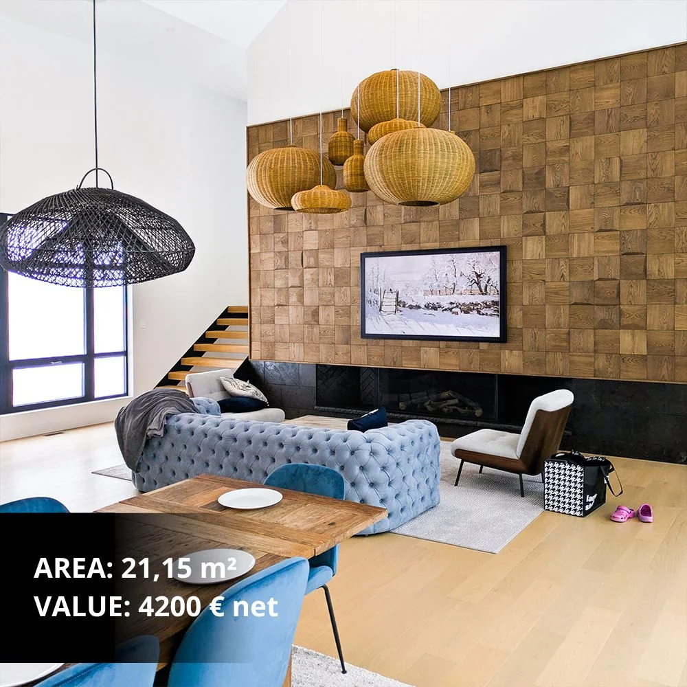 3D wooden wall panels in a geometric square pattern in a modern living room