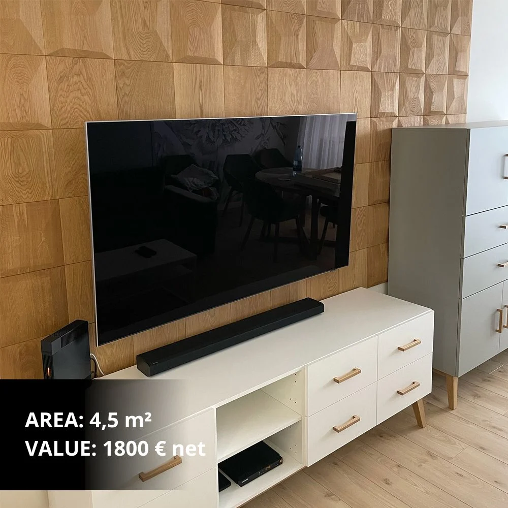 3D wooden wall panels in a geometric square pattern in a modern living room