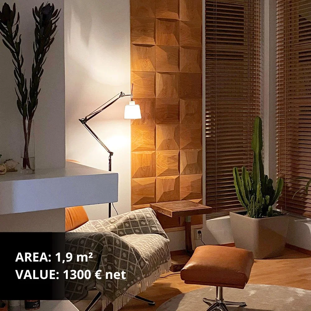 3D wooden wall panels in a geometric square pattern in a modern living room
