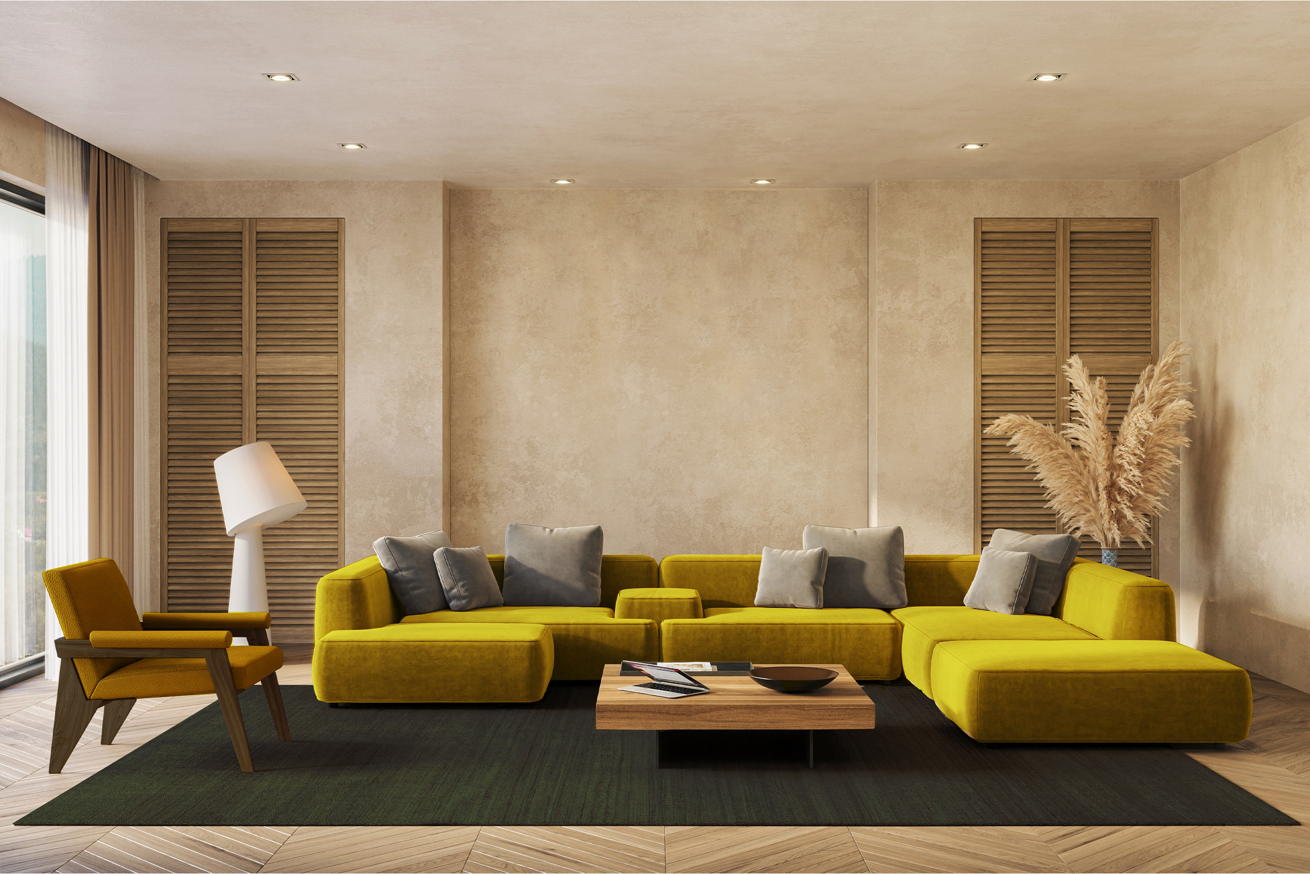 Living room with a smooth light-colored wall, modular yellow sofa, and minimalist decor