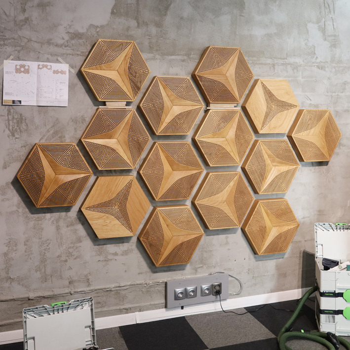 wooden acoustic panels in showroom