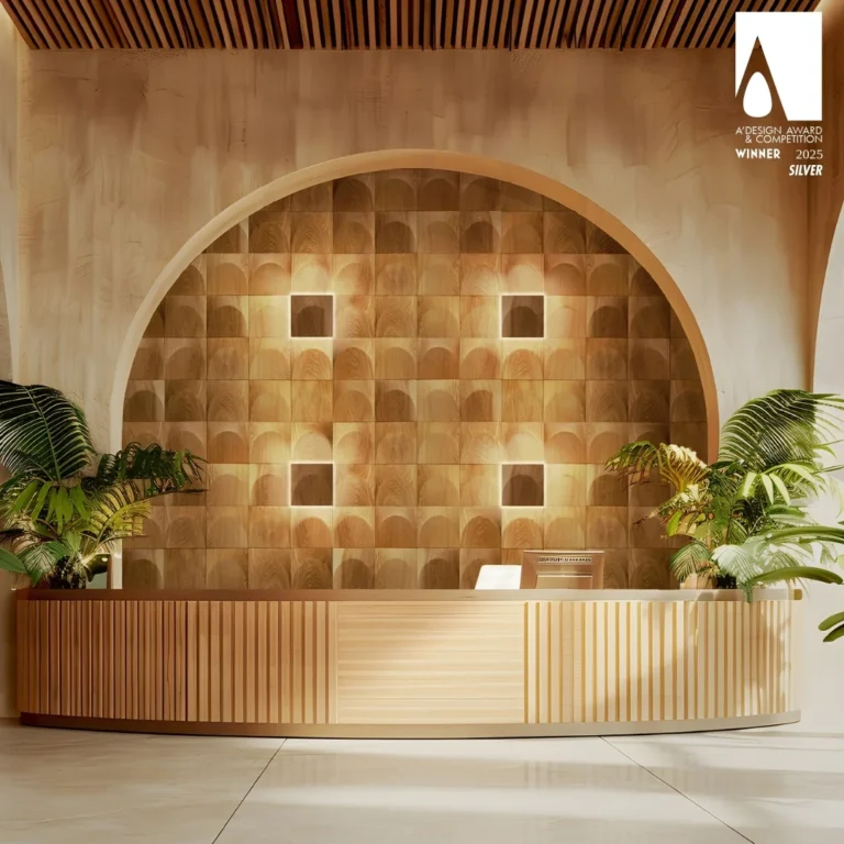 Arched wall design with square decorative wood wall panels