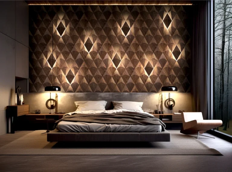 Bedroom with dark decorative wood wall panels and ambient lighting