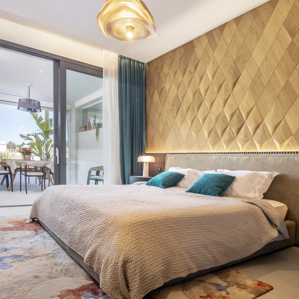 Modern bedroom interior with decorative wood wall panels as accent wall