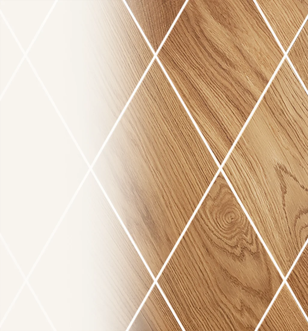 Close-up of oak wood wall panels with visible grain texture, arranged in a geometric diamond pattern.