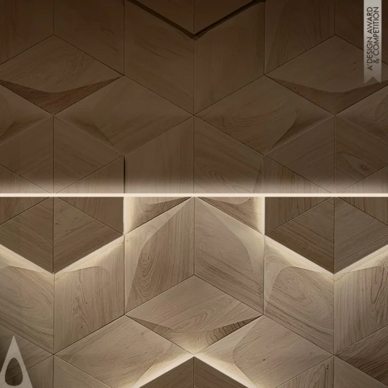 Close-up of textured wood wall panels with geometric 3D design