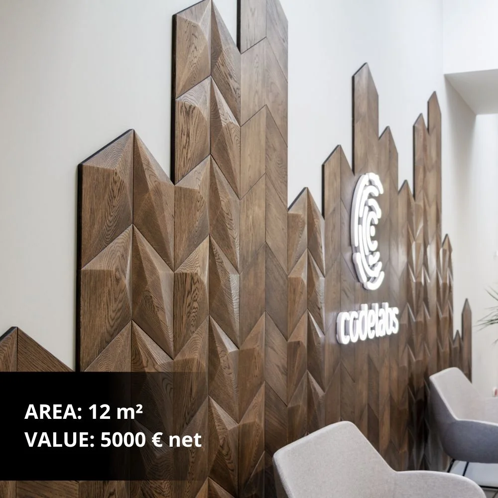 Modern living room with geometric wooden wall panel as a decorative feature behind a dining table.