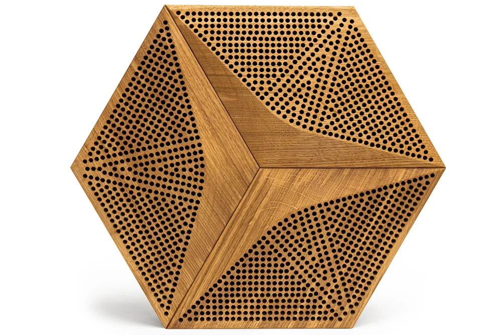 Decorative sound absorbing panel with perforated wood surface