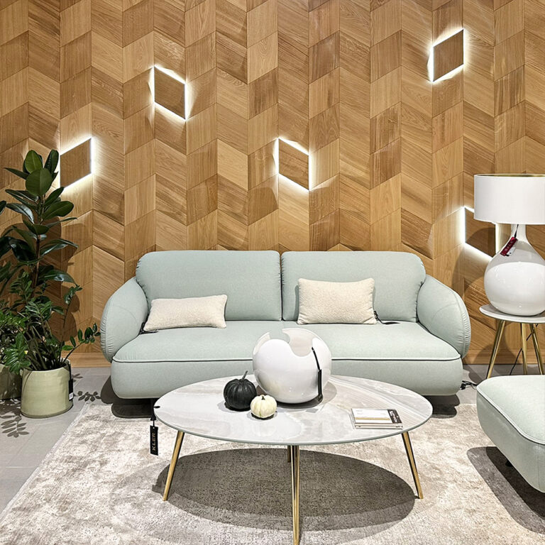 Living room with decorative wall panels with lights