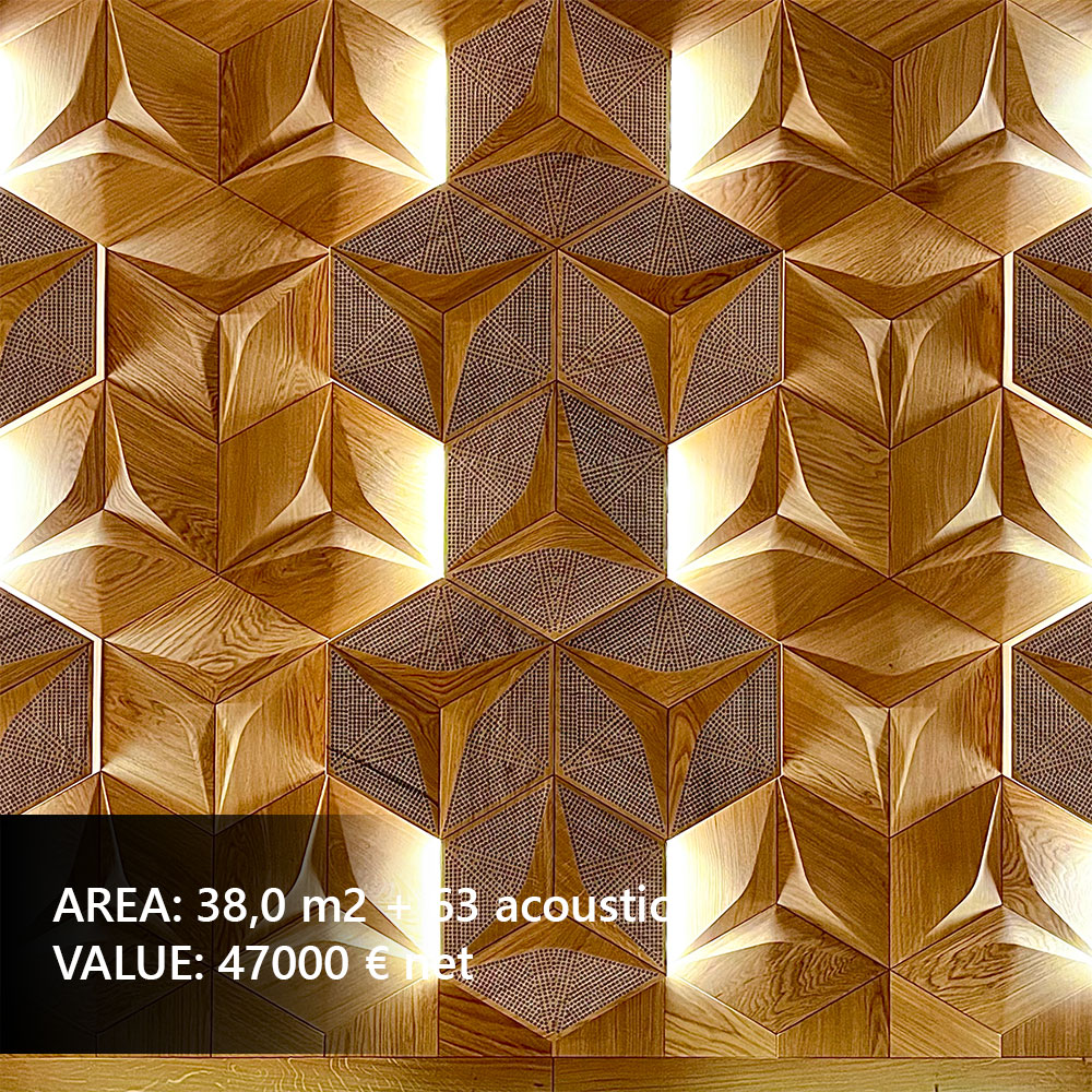 Geometric wall panels in a designer hallway