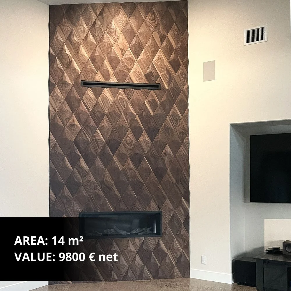 Modern living room with geometric wooden wall panel as a decorative feature behind a dining table.