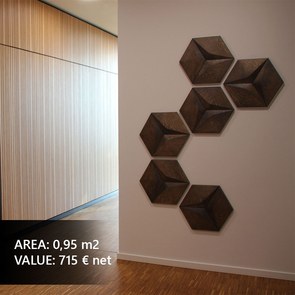 Geometric wall panels in a designer hallway