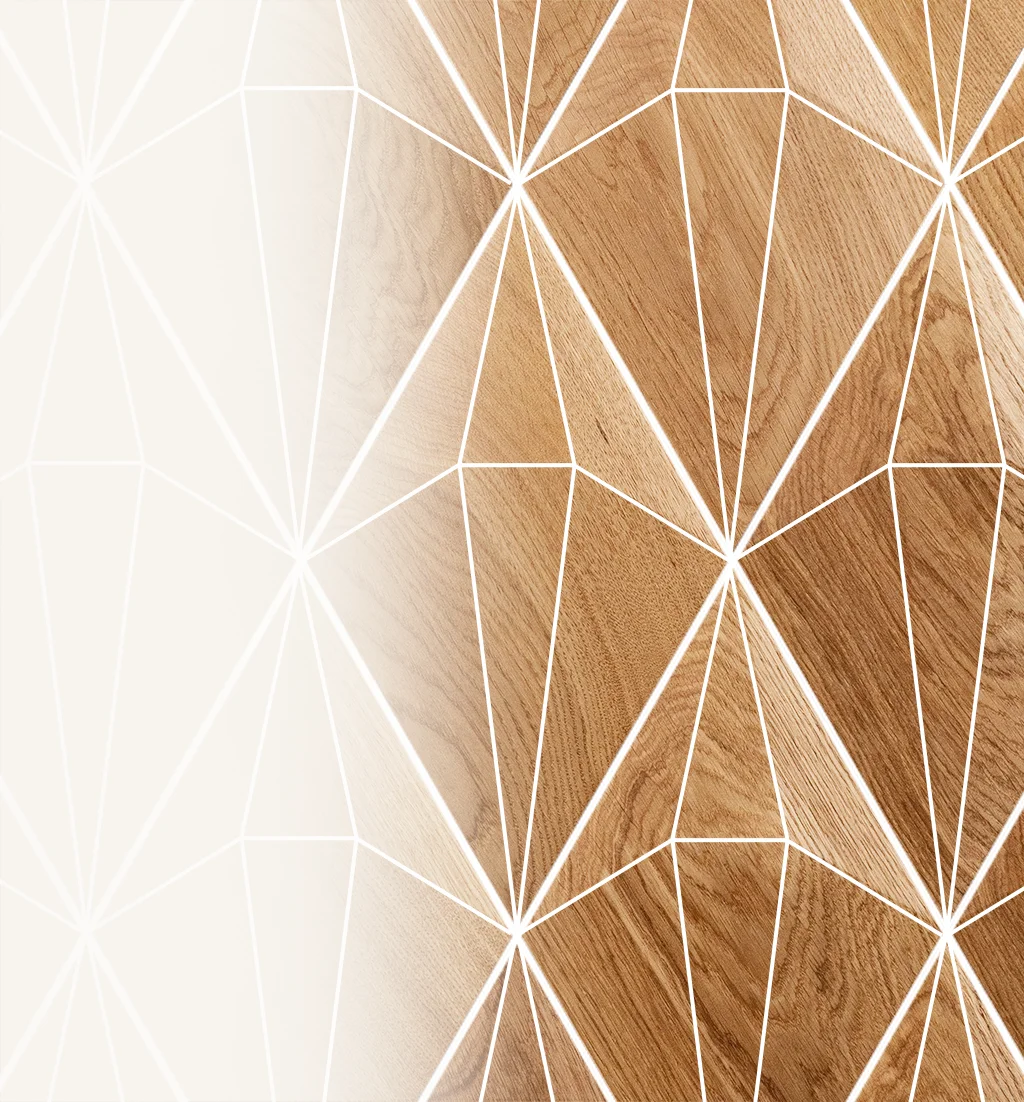 Close-up of a geometric oak wood wall mosaic pattern showing clean lines and natural wood grain texture.