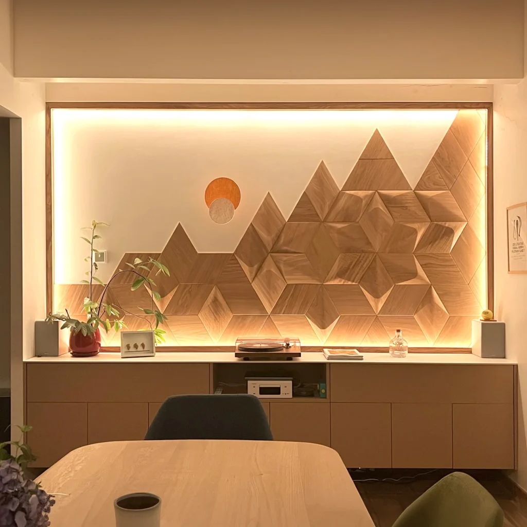 Decorative wood wall panels with geometric design and integrated lighting