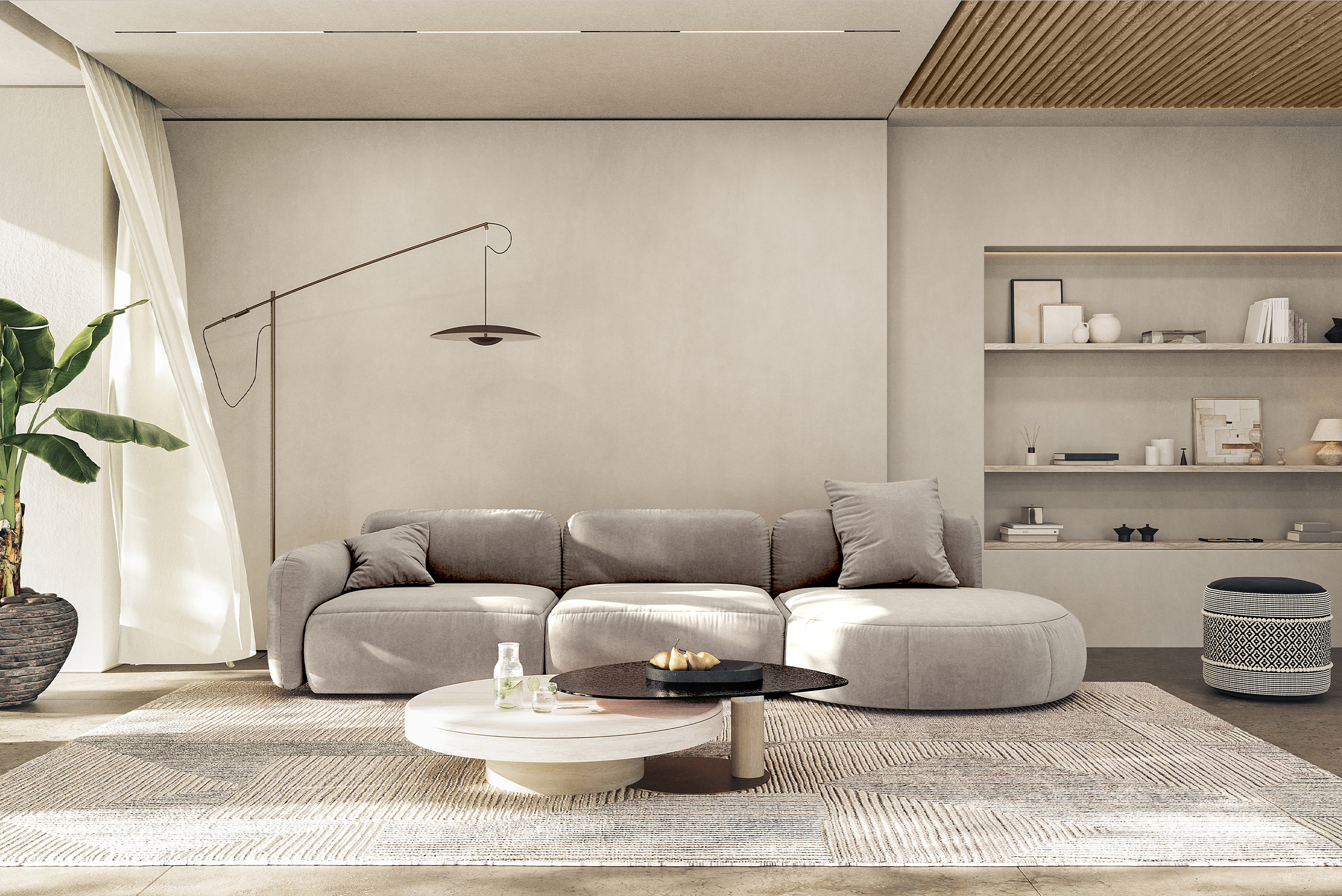 Minimalist living room with neutral-toned furniture and a smooth, light-colored wall for a clean, contemporary look.