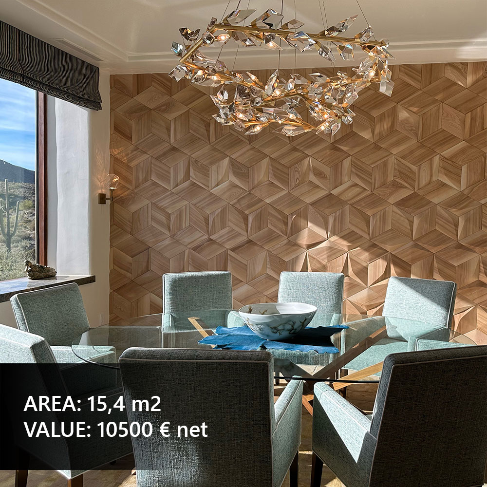 Geometric wall panels in a designer hallway