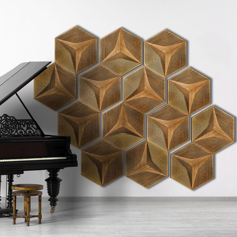 Tấm gỗ ốp tường 3D hình lục giác sang trọng lắp đặt bên cạnh đàn piano trong căn phòng tối giản