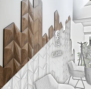 Một ý tưởng thiết kế và hiện thực hóa cho thấy các tấm ốp tường gỗ 3D hình học được sắp xếp theo hoa văn đường chân trời cho khu vực lễ tân văn phòng.