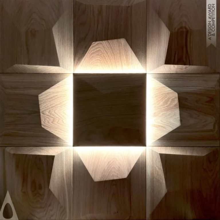 Symmetrical decorative wood panel wall with backlit geometric lighting