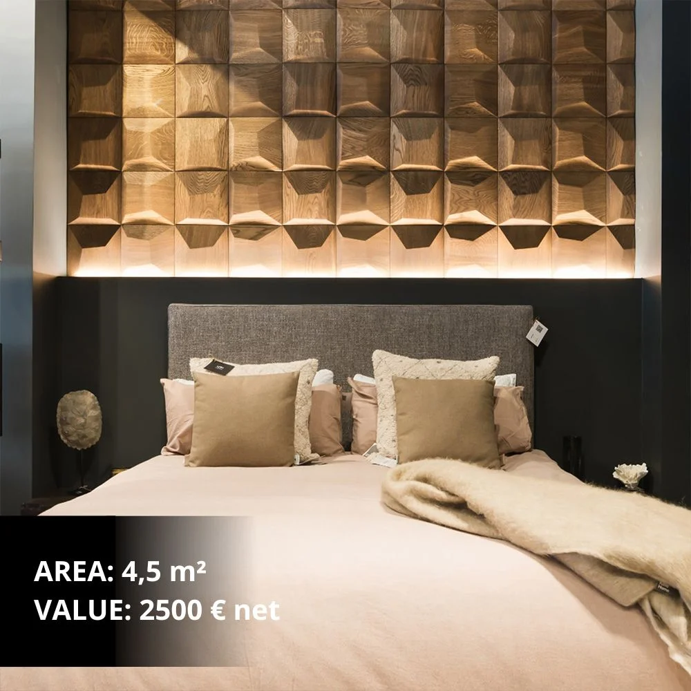 3D wooden wall panels in a geometric square pattern in a modern living room