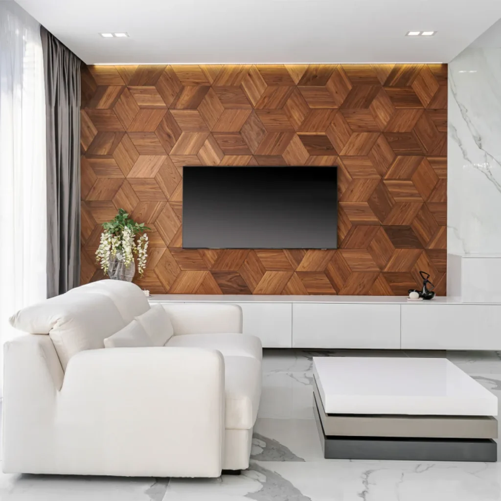 TV wall covered in dark geometric decorative wood wall panels