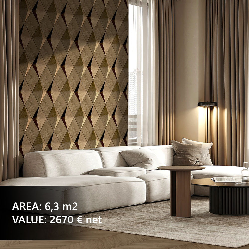 Geometric wall panels in a designer hallway
