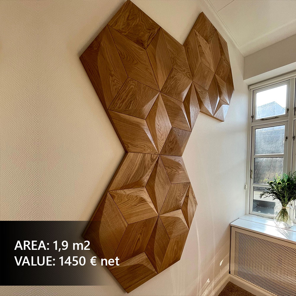 Geometric wall panels in a designer hallway