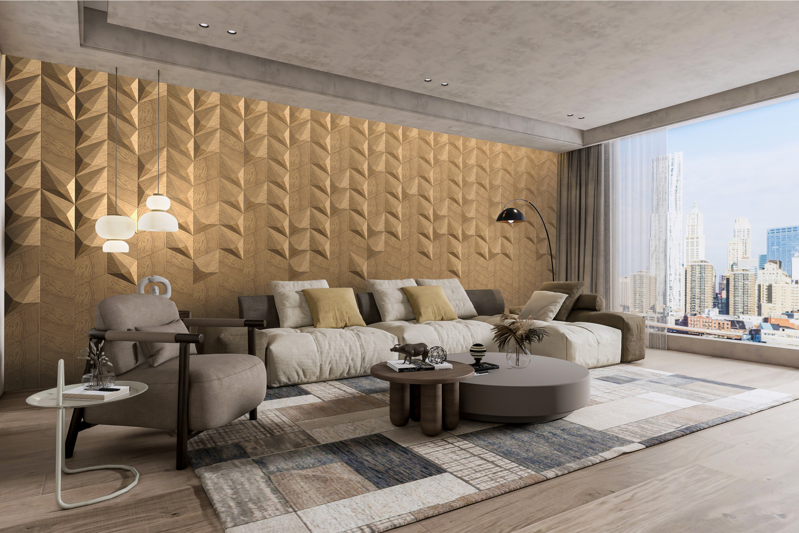 Living room with a 3D wood accent wall panel in a geometric pattern behind a modern beige sofa