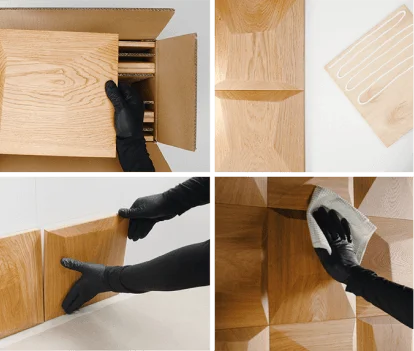 Modular wood panel design in light finish with a creative geometric layout