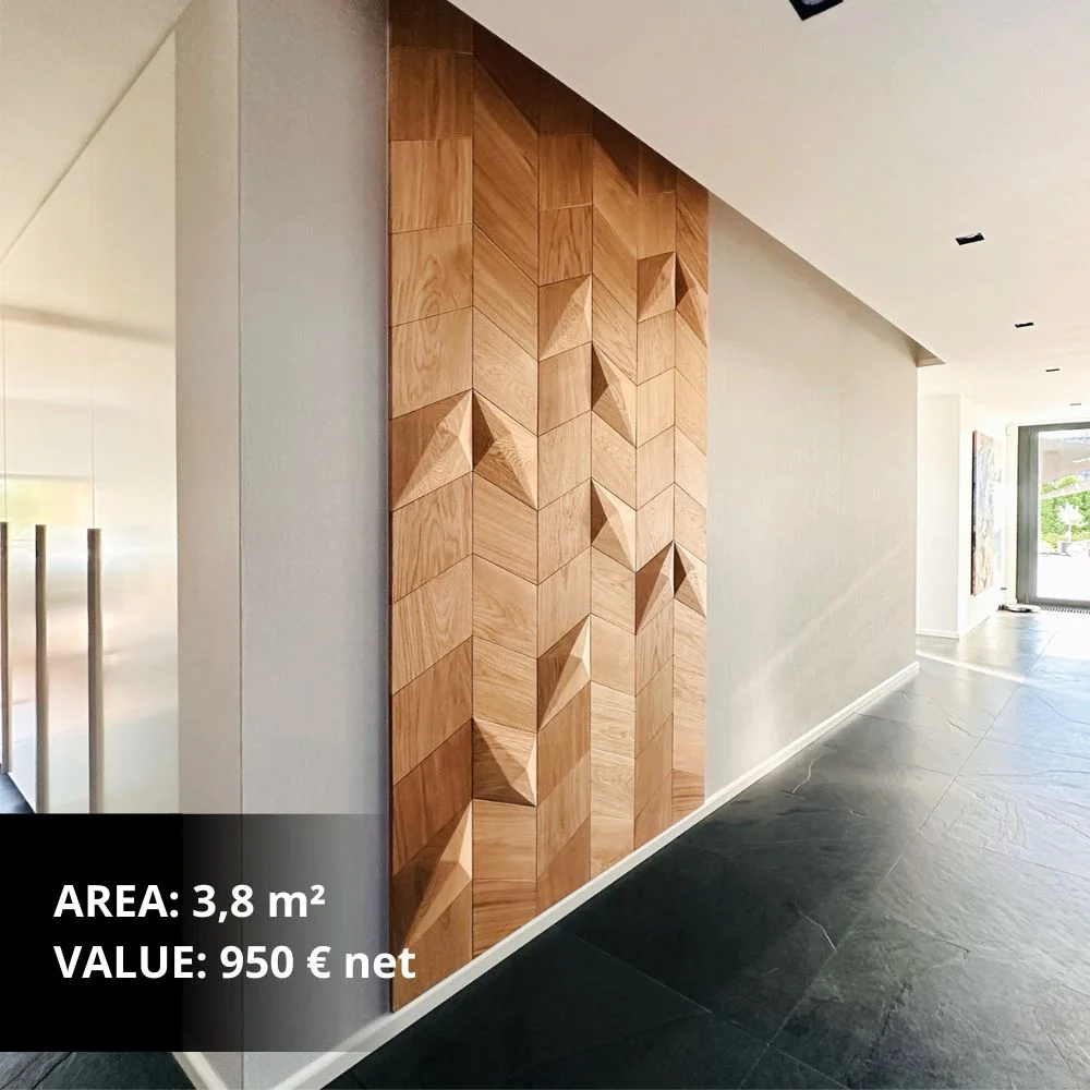 Modern living room with geometric wooden wall panel as a decorative feature behind a dining table.