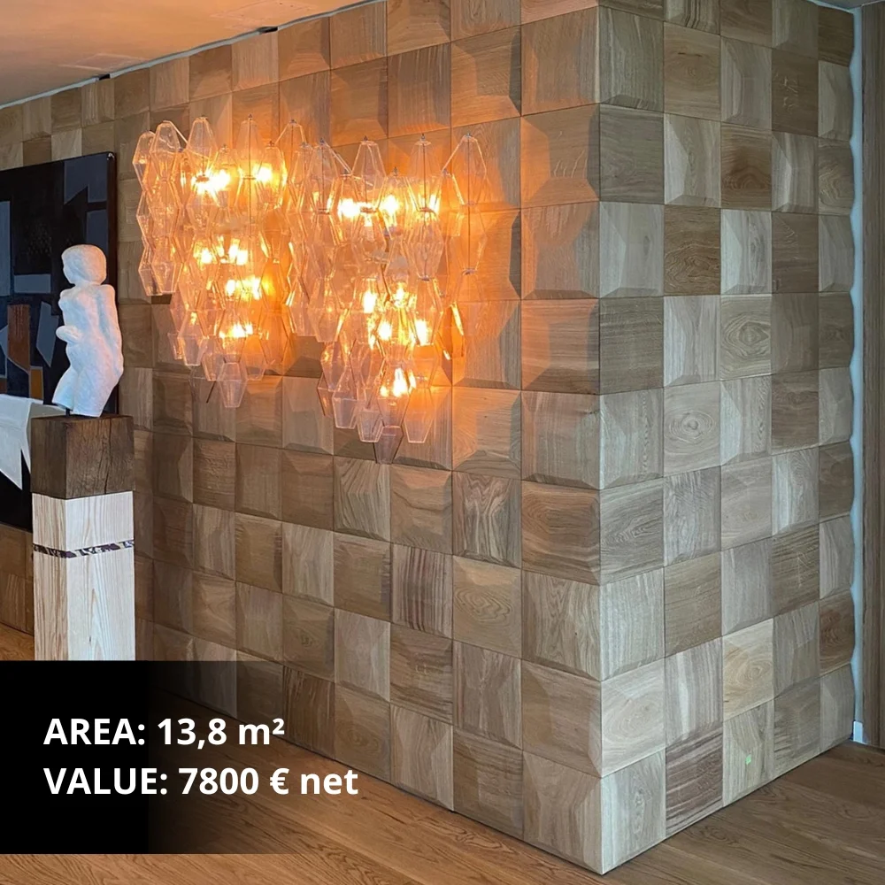 3D wooden wall panels in a geometric square pattern in a modern living room