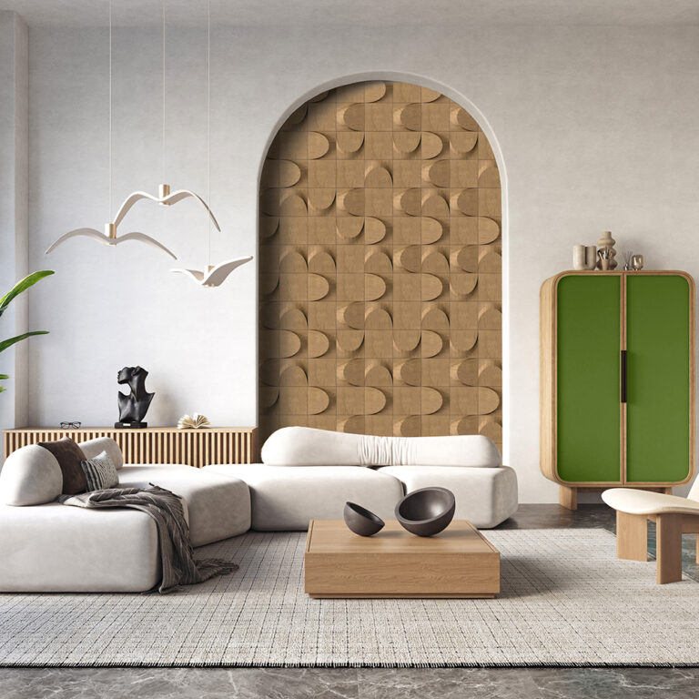 Wooden panel wall in natural oak enriching the room’s palette and texture.