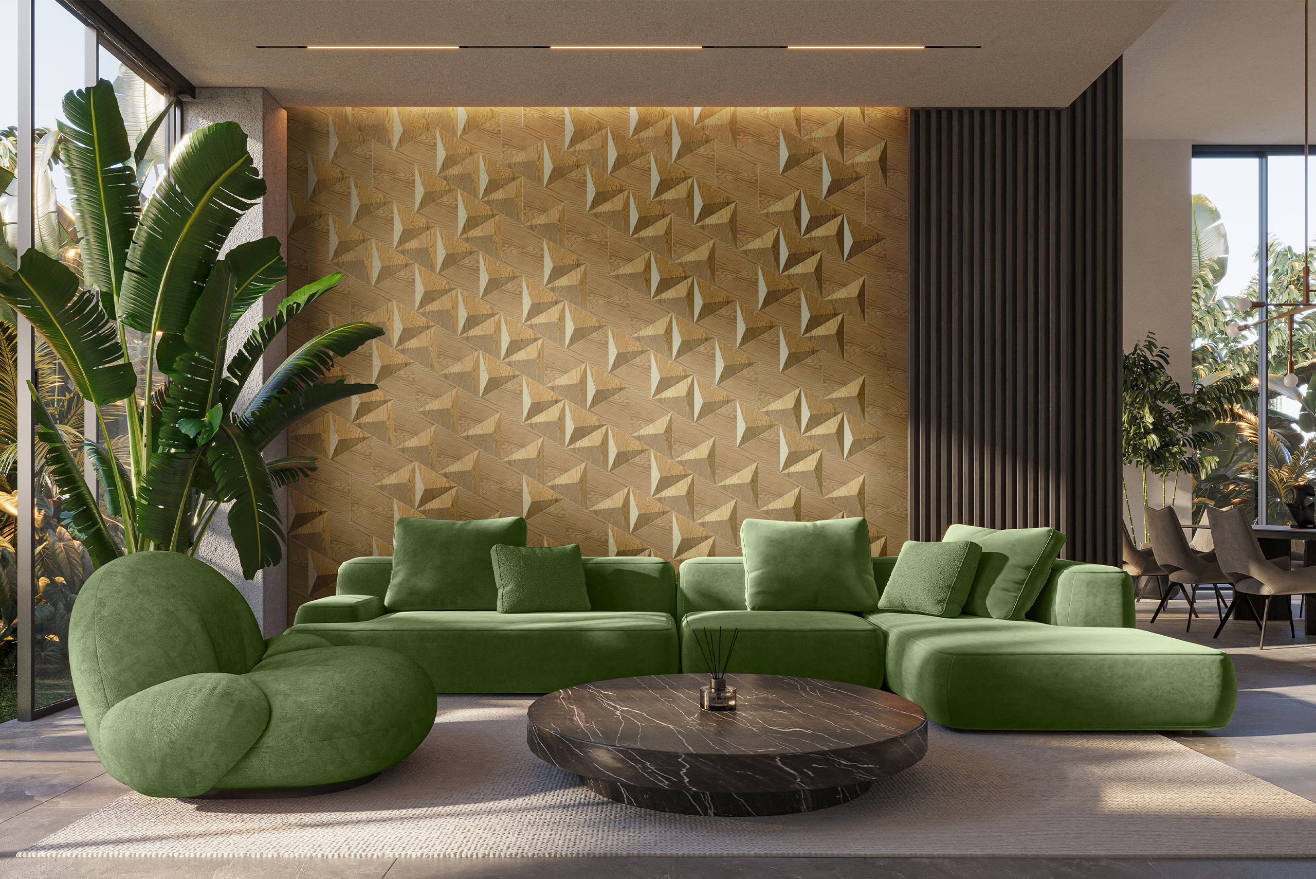 Contemporary interior featuring golden 3D wood panels on the wall, green sofa, and lush decorative plants
