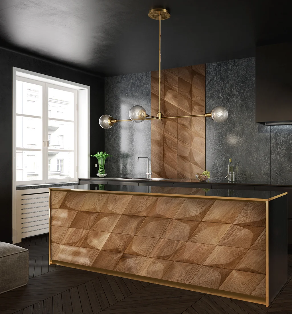Modern kitchen featuring a dark island decorated with 3D oak diamond-shaped wood panels and a matching wall accent.