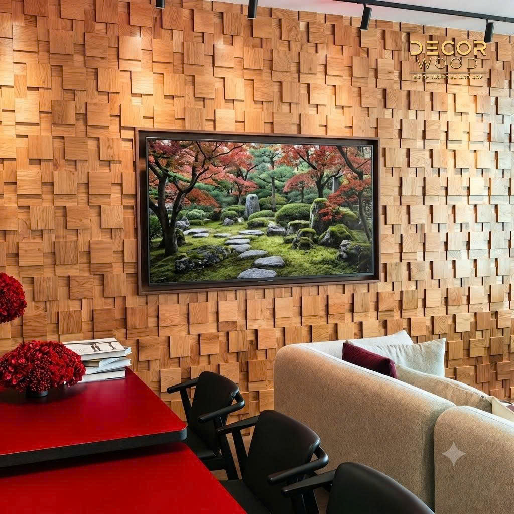 Vách tivi với gỗ ốp tường 3D, tạo điểm nhấn hiện đại, sang trọng và làm nổi bật vẻ đẹp tự nhiên của vân gỗ.