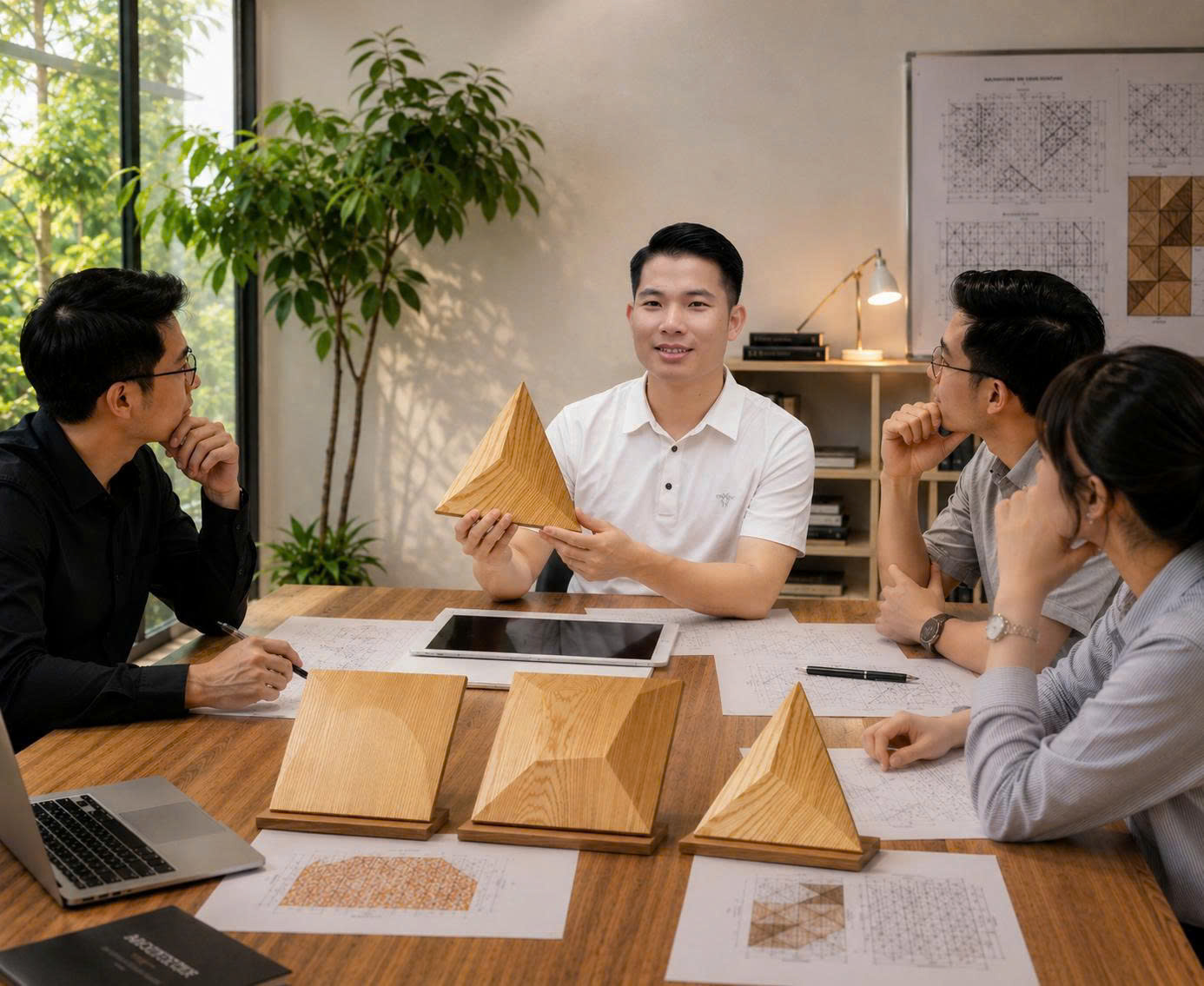 Decorative wood panels and people