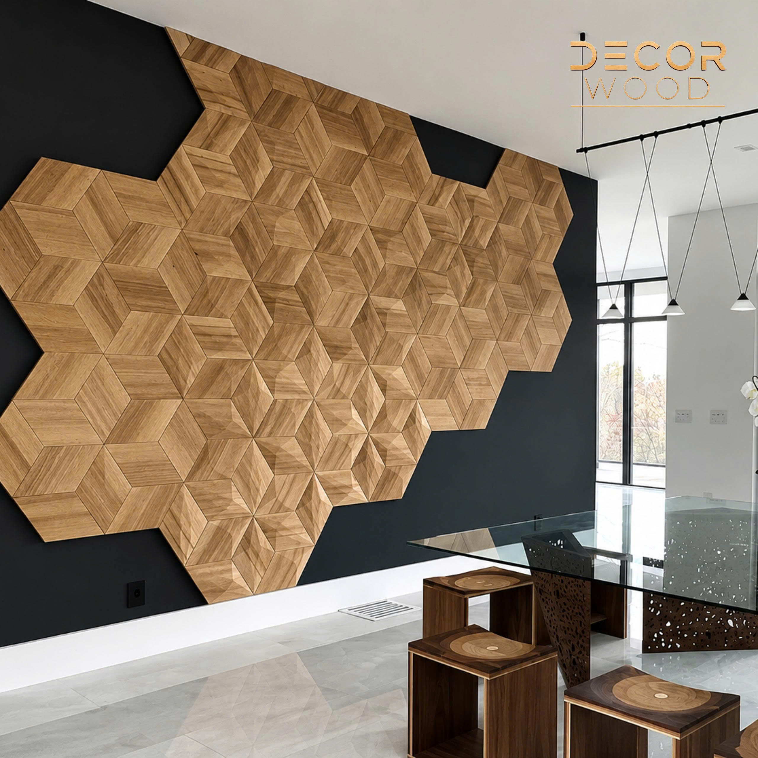 Modern living room fireplace wall decorated with geometric wooden panels.