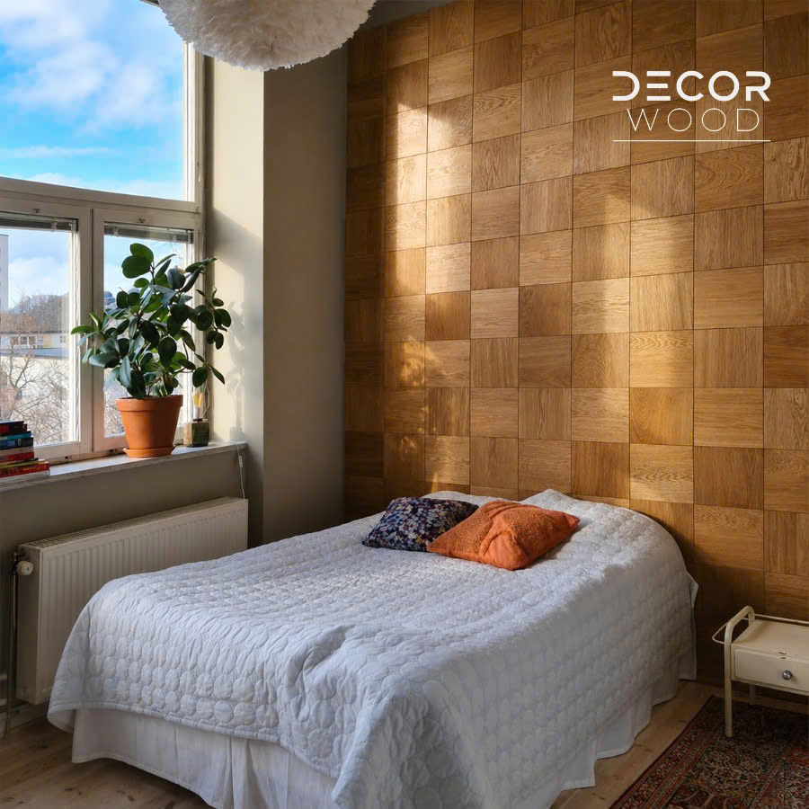 Modern living room with beige furniture and a striking 3D wooden wall panel adding depth and texture to the interior.