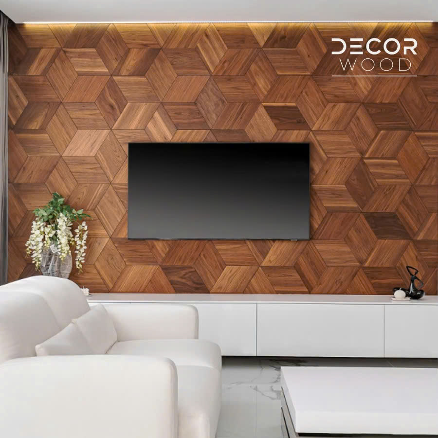 Living room with a 3D wood accent wall panel in a geometric pattern behind a modern beige sofa