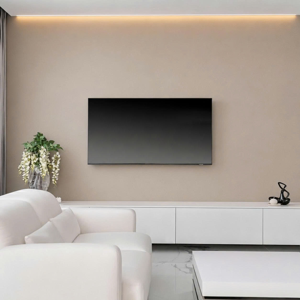 Elegant interior with minimalist wooden wall paneling behind a sofa in a spacious living room