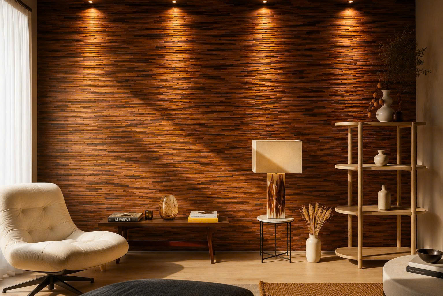 Wooden wall panels by the fireplace
